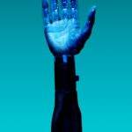 Close-up of a robotic hand showcasing advanced technology against a blue backdrop.